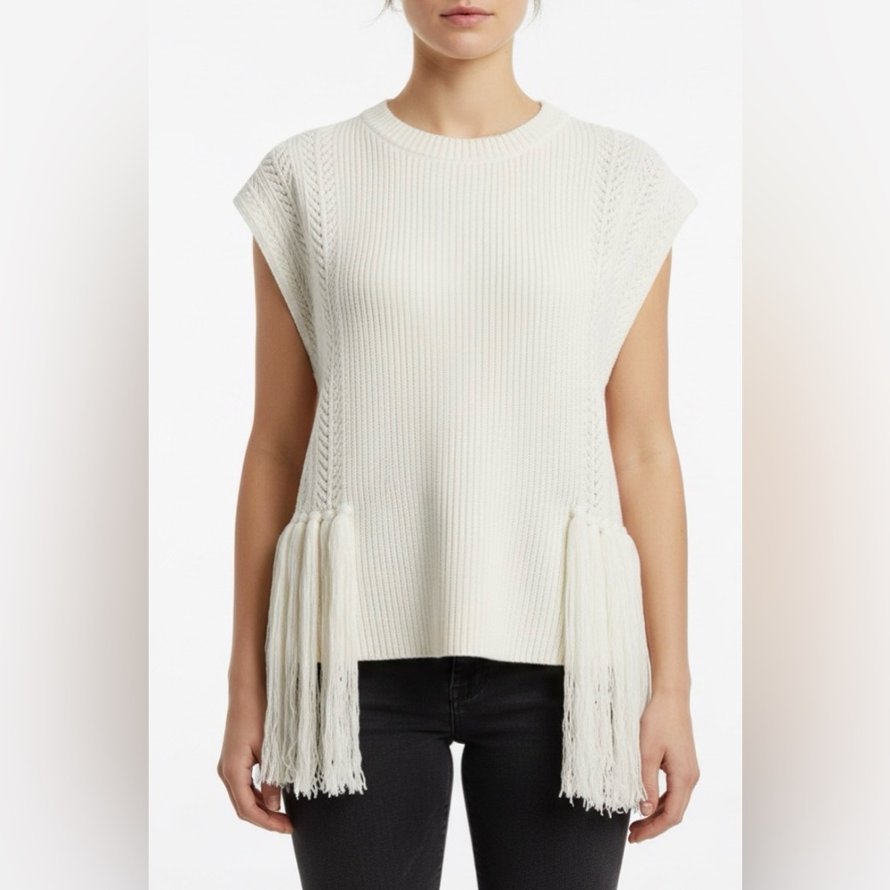 By Anthropologie Ivory Fringe-Trim Crewneck Sleeveless Sweater Size One Size L